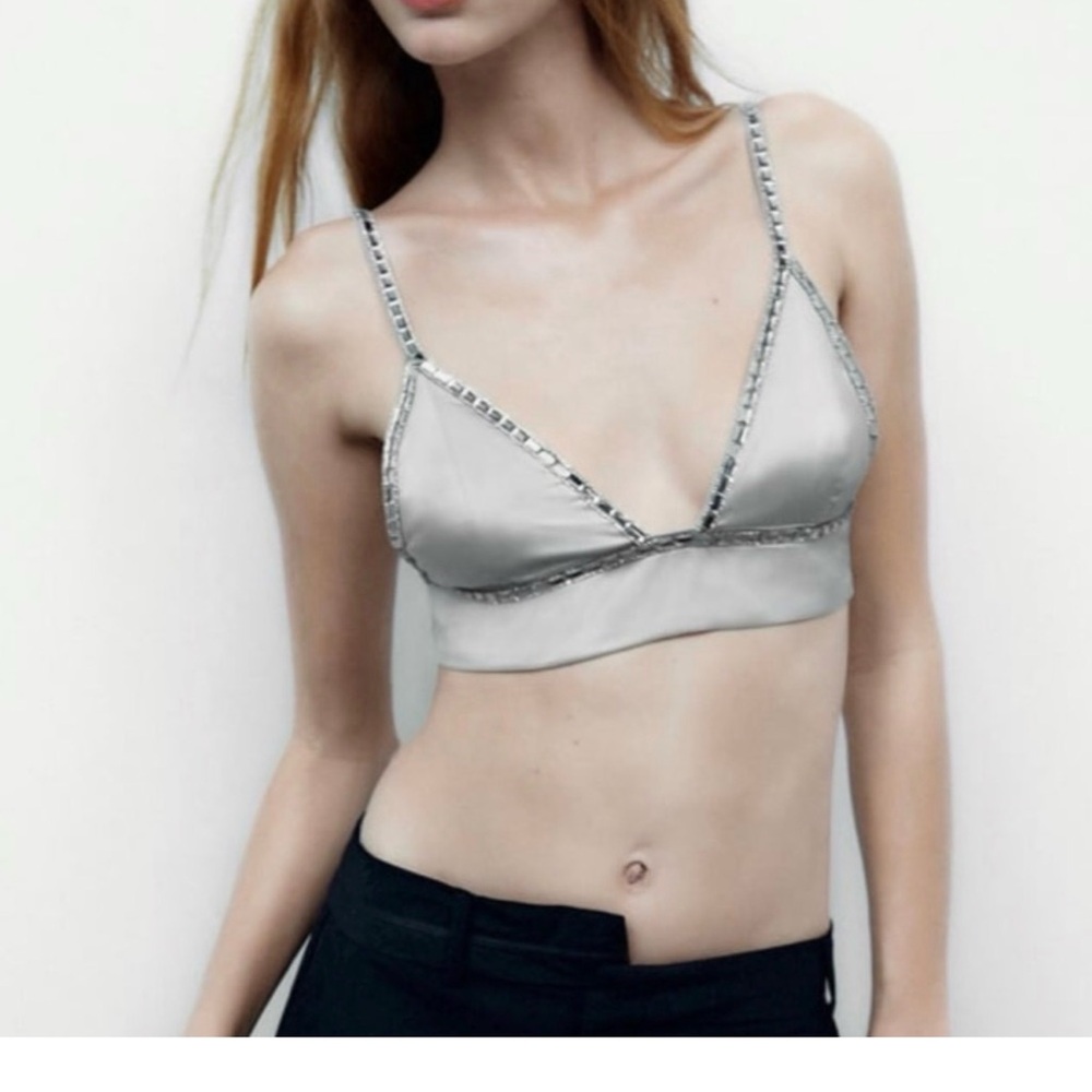 Zara Silver white crop rhinestone top bralette